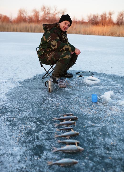 Drilling a hole in ice or removing ice from a hole can be done with a fishing augur.