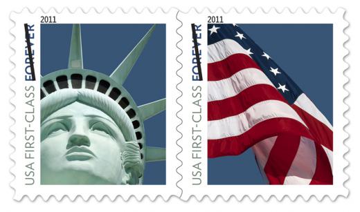 Lady liberty and U.S. flag forever stamps.