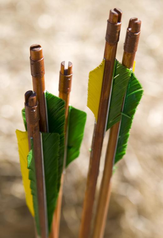 Arrows typically have long shafts and a balancing device, such as feathers, in back.