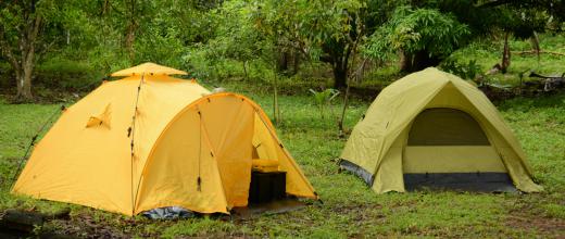 A three-season tent (yellow) is larger than a pup tent (green) and has additional ventilation.